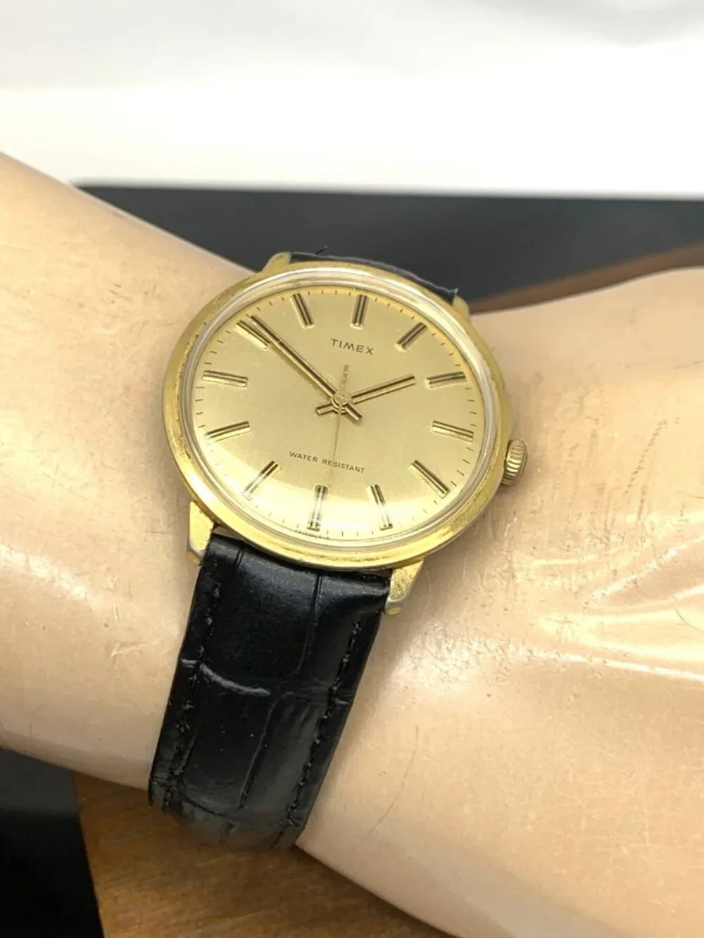 Timex Men's Watch Vintage Manual Wind Gold Dial Black Leather Strap 35mm